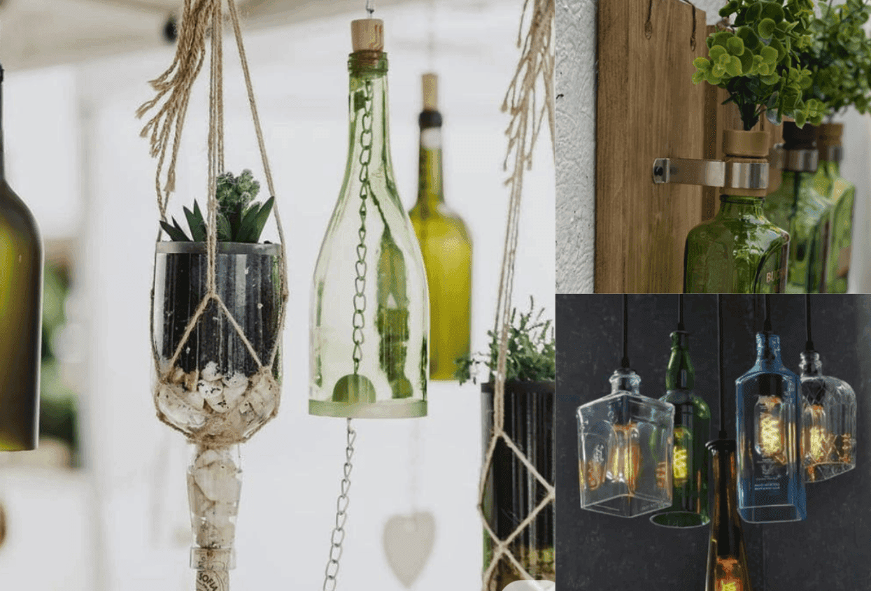 Various glass bottles upcycled into hanging planters and light fixtures with chains and ropes.