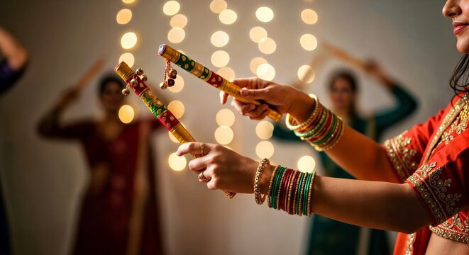 Hands holding colorful dandiya sticks raised in celebration during Dandiya Night Dance Party.