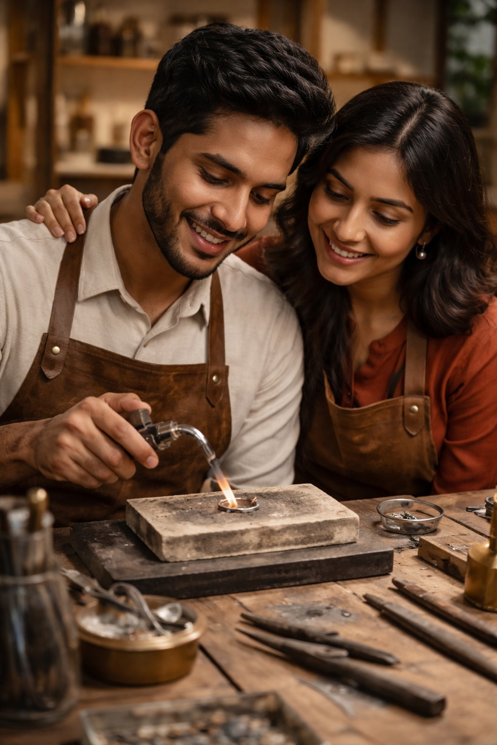 Couple wearing aprons smiling while a man uses a blowtorch to work on a silver ring during handcrafted silver ring-making experience.