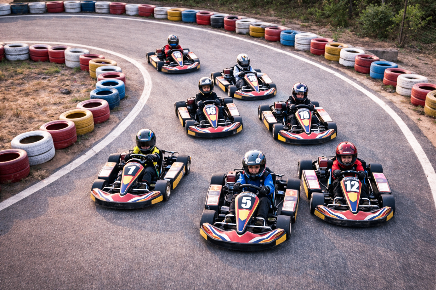 Group of kids racing go-karts on a curve surrounded by colorful tire barriers.