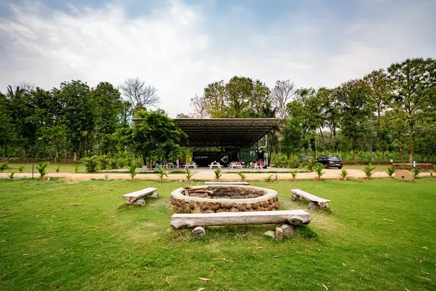 A campsite with a stone fire pit surrounded by wooden benches and greenery.