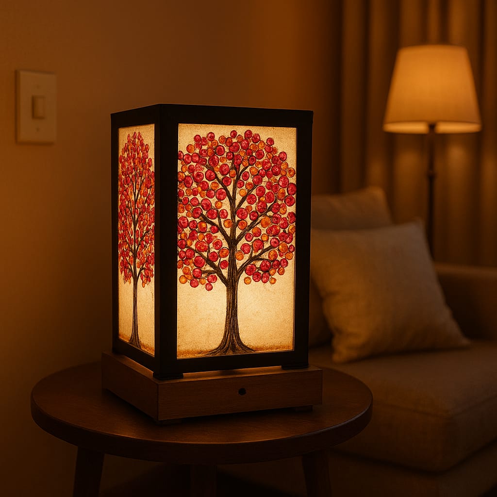 Warm lit Japanese cherry blossom lamp on round wooden table in cozy room.