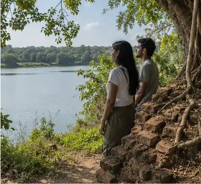 Marvel at the ruins of the historic French Jesuit Mission house nestled amidst lush greenery.