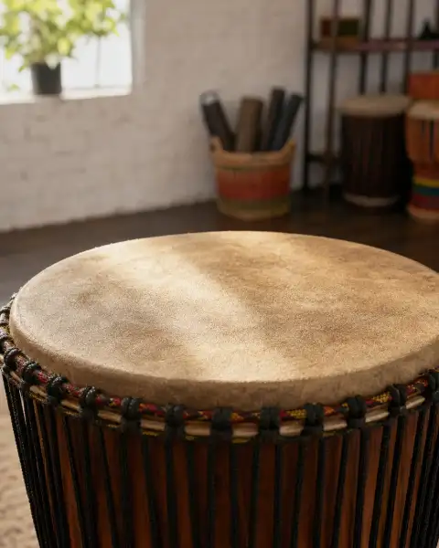 Standalone gallery: Show a close still-life of a drum's rim and textured playing surface between.