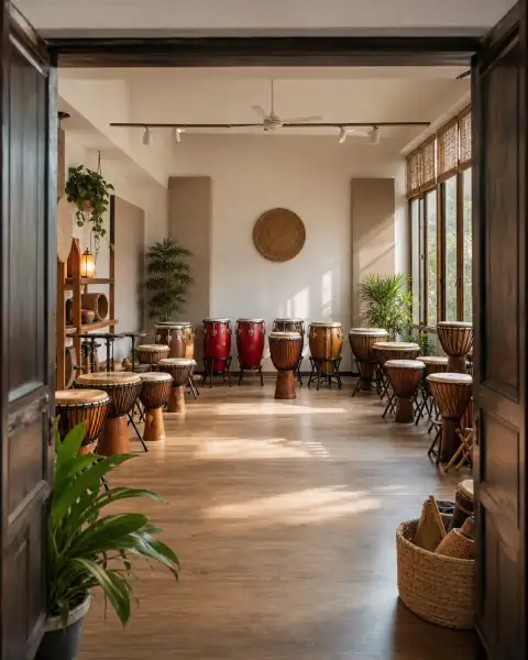 Standalone gallery: Show the unoccupied music space ready for rhythm practice, with drums arranged.