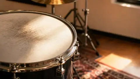 Standalone gallery: Show a close still-life of a drum's rim and textured playing surface between.
