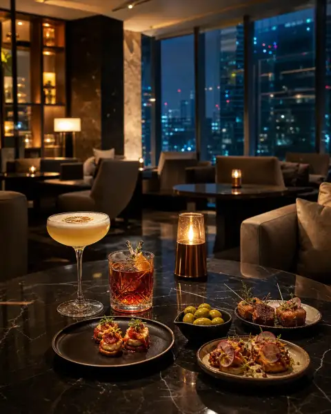 Gallery scene: quiet corner of the lounge after sunset, with empty tables and a polished, upscale.