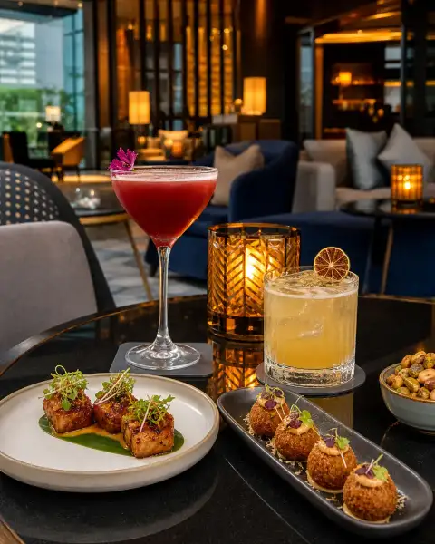 Gallery scene: wide lounge interior with warm lighting, ambient tables, and an elegant evening.