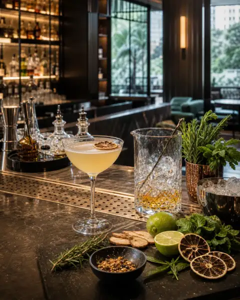 Gallery scene: close detail of cocktail ingredients, ice, and garnish on a bar surface without.