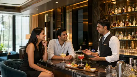 Gallery scene: candid interaction between a server and guests discussing the pairing, friendly.