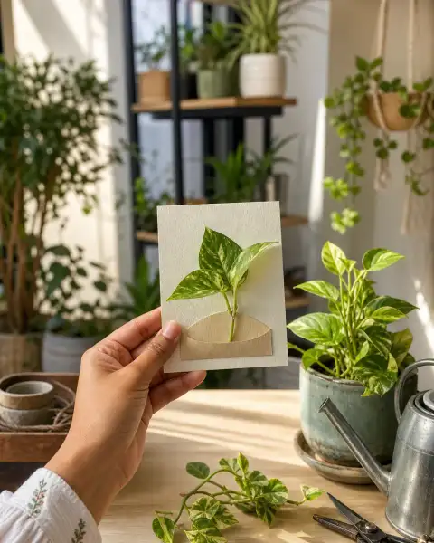 Gallery scene: a small takeaway plant or care card being held near a table, emphasizing the useful.