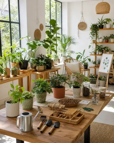 Gallery scene: a wide interior view of the learning space with rows of plants, natural light,.