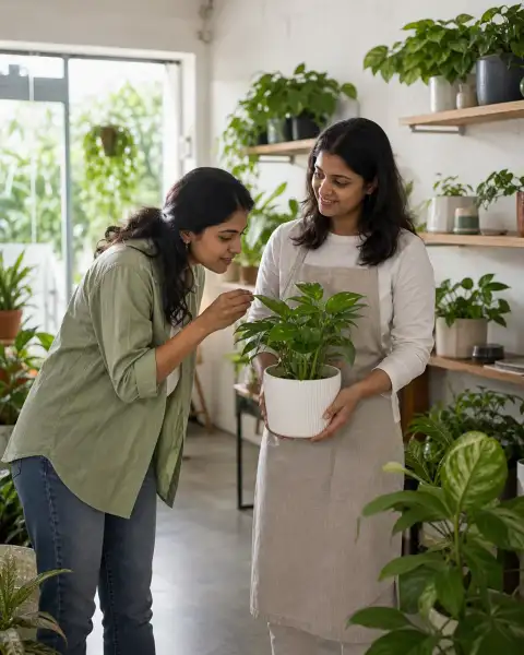 Gallery scene: a candid moment of a guest examining leaf texture up close with an instructor.