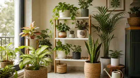 Gallery scene: a shelf or corner styled with different indoor plants at varying heights, showing.