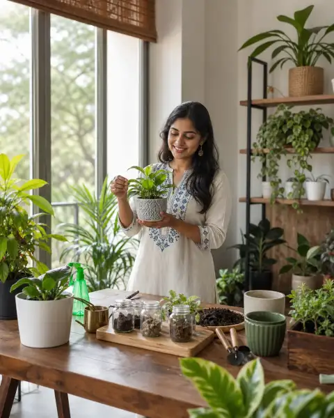 Portrait thumbnail: a beginner holding a small potted plant beside a guidance table in a bright.