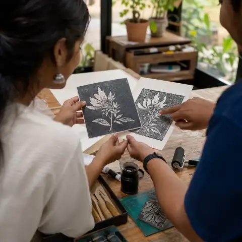 Carving tools, ink, and paper let you experience the craft properly.