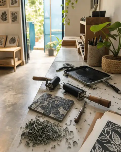 Gallery scene: close-up of carved linoleum shavings and inked rollers on a tabletop, material.