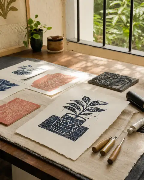 Gallery scene: a finished print drying on a flat surface beside other handmade pieces, calm studio.