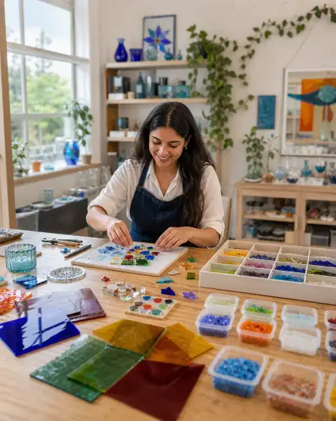 Portrait thumbnail: A smiling beginner arranging colourful glass pieces at a workshop table, warm.