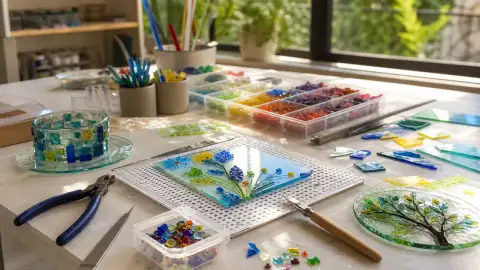 Gallery scene: A tabletop of tools, templates, and glass offcuts arranged after making, tidy.