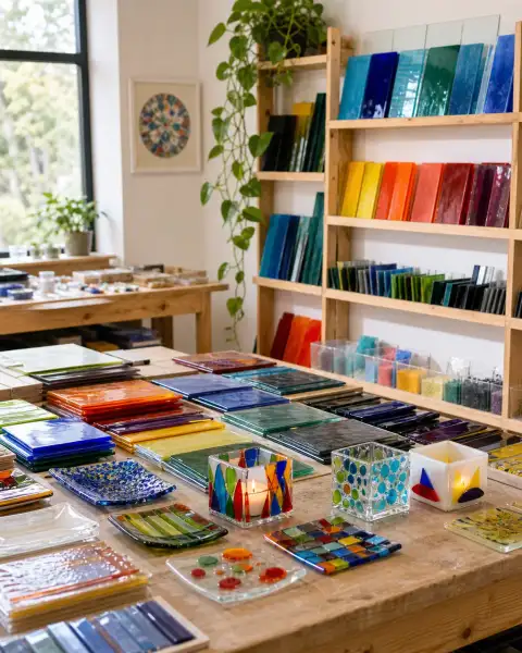 Gallery scene: Rows of colourful glass sheets and cut pieces laid out on shelves, quiet studio.