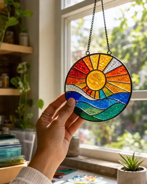Gallery scene: A guest holding a completed sun catcher near a window, soft light passing through.