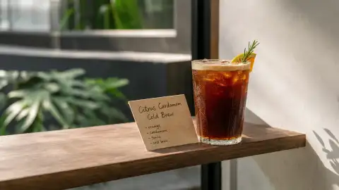 Standalone gallery: A finished signature cold brew stands alone on a narrow serving ledge,.
