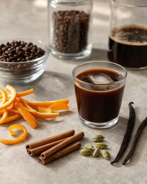 Standalone gallery: A face-free macro view of orange peel, cinnamon, cardamom, and vanilla beside.