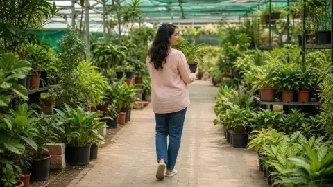 Standalone gallery: show one adult in three-quarter rear view walking away from the potting area.