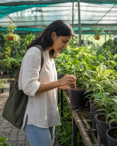 Standalone gallery: show one guest leaning slightly to examine soil moisture at a raised nursery.