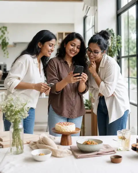 Gallery scene: A relaxed wrap-up scene shows participants comparing phone shots while standing,.
