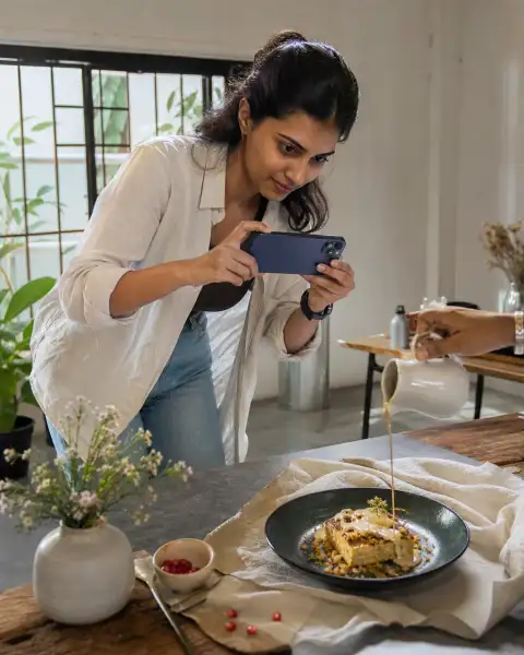 Gallery scene: A moving guest moment shows someone capturing a slow pour over a dish, energetic.