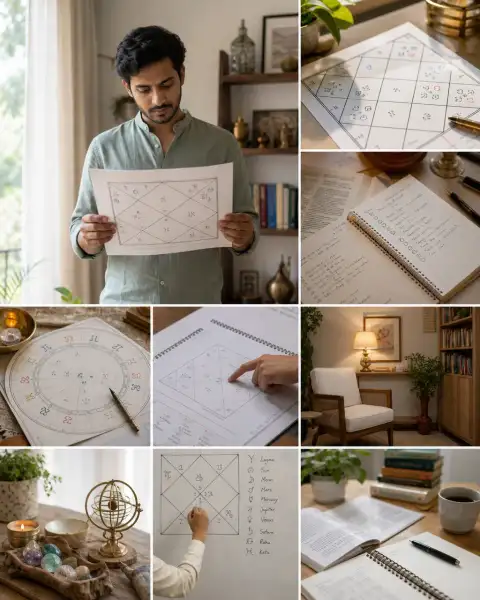 Portrait thumbnail: In a neutral indoor learning space, show one standing adult studying a Kundli.