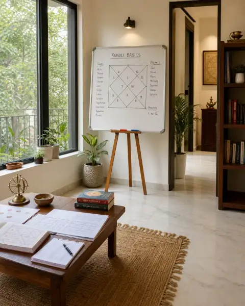 Standalone gallery: Show an empty indoor learning corner with a chart diagram displayed beside.