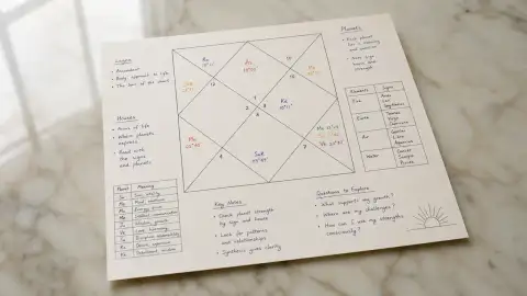 Standalone gallery: Use an overhead close view of a single chart sheet with planetary symbols.