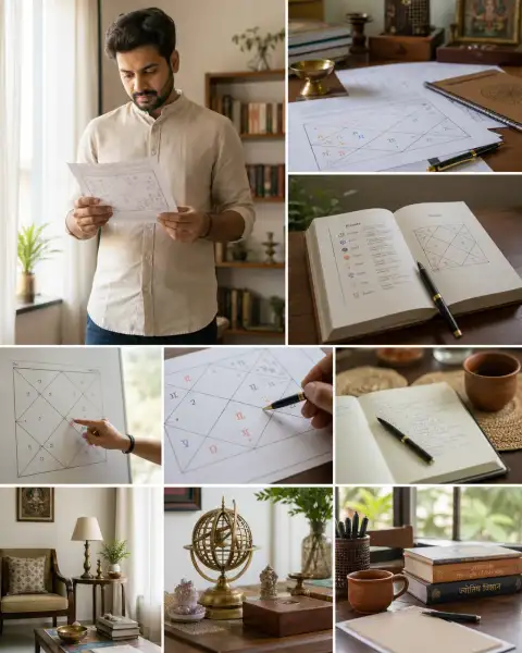 Portrait thumbnail: In a neutral indoor learning space, show one standing adult studying a Kundli.