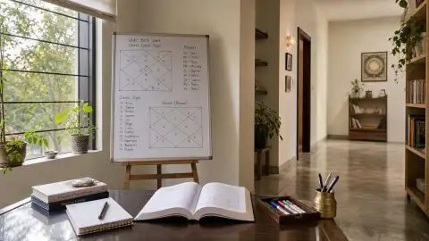Standalone gallery: Show an empty indoor learning corner with a chart diagram displayed beside.