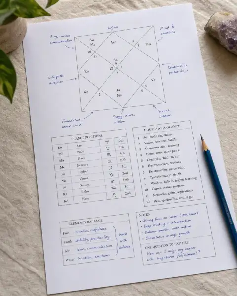 Standalone gallery: Use an overhead close view of a single chart sheet with planetary symbols.