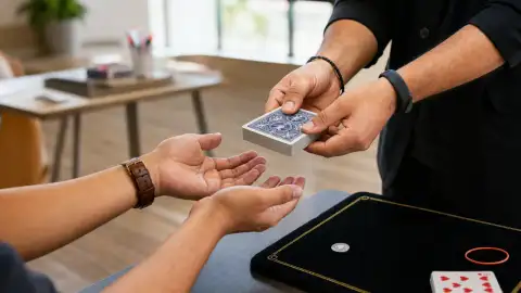 Standalone gallery: a close view of a learner's open hands receives a deck from an instructor.