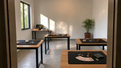 Standalone gallery: an empty neutral learning room contains spaced practice surfaces with a few.
