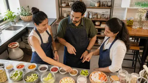 Standalone gallery: Three participants gather around a narrow ingredient station to compare.