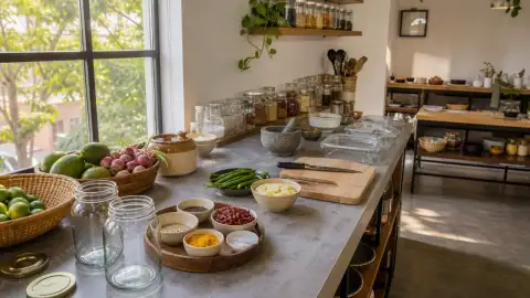 Standalone gallery: An empty shared cooking area holds clean utensils, washed produce and unused.