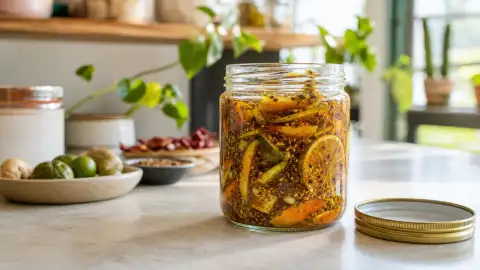 Standalone gallery: A single filled take-home jar rests upright on a clean surface beside its.