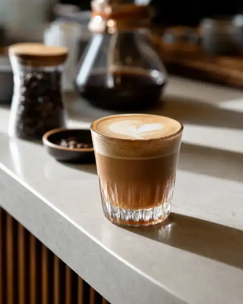 Standalone gallery: Show a finished customised coffee drink alone at the edge of a clean counter,.