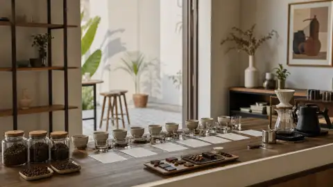 Standalone gallery: Show an empty, venue-neutral tasting nook with neatly arranged cups.