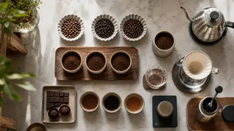 Standalone gallery: Show a top-down arrangement of whole beans, ground coffee and simple brewing.