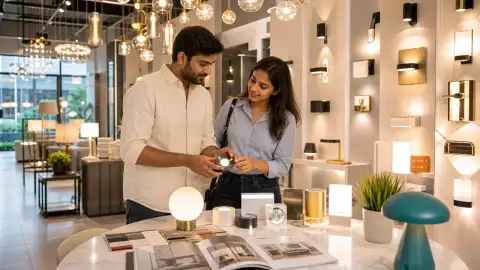 Gallery scene: A modern apartment-inspired lighting setup vignette with layered light levels,.
