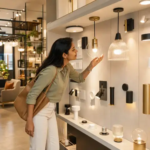 Explore lighting, fans, switches and décor choices inside a premium home store.