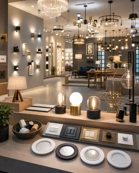 Gallery scene: A wide environment-led view of the lighting store with display zones, ceiling.