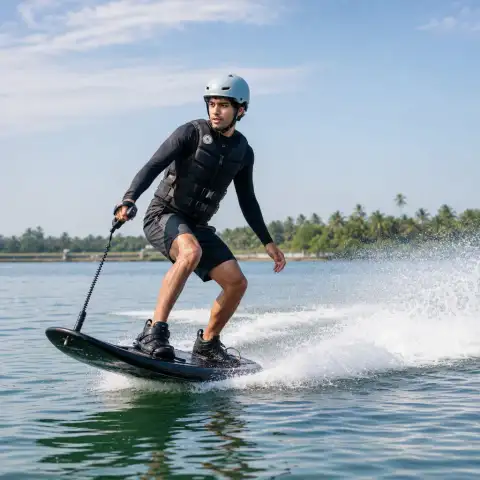 Participants carve their own line with motorized help, not a waiting wave.
